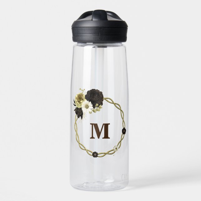 Bouteille D'eau Monogramme de fleurs dorées ivoire marron étonnant (Avant)