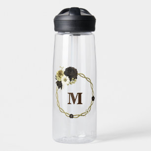 Bouteille D'eau Monogramme de fleurs dorées ivoire marron Incroyab