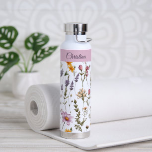 Bouteille D'eau Monogramme de nom aquarelle de fleur sauvage rose
