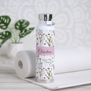 Bouteille D'eau Monogramme de nom aquarelle de fleur sauvage rose