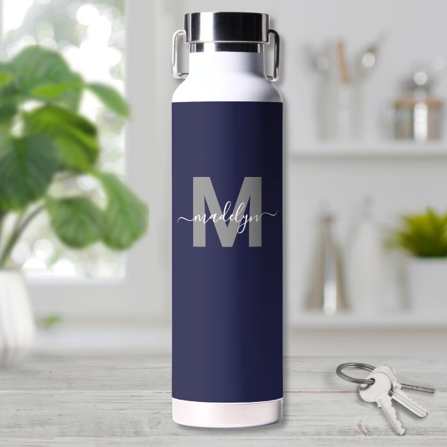 Bouteille D'eau Monogramme de nom bleu marine (Navy Blue Name Monogram Water Bottle)