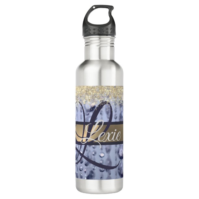 Bouteille D'eau Monogramme de perles bleues éblouissantes    (Devant)
