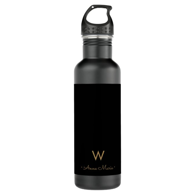 Bouteille D'eau Monogramme de script Black Gold moderne (Devant)