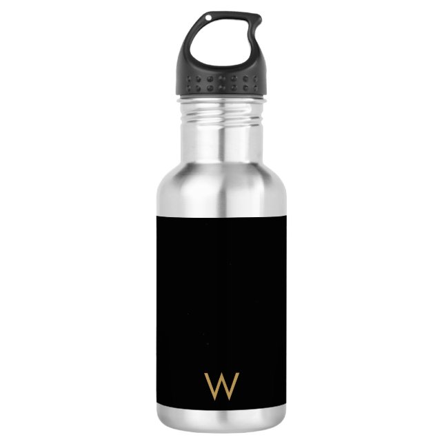 Bouteille D'eau Monogramme de script Black Gold moderne (Devant)