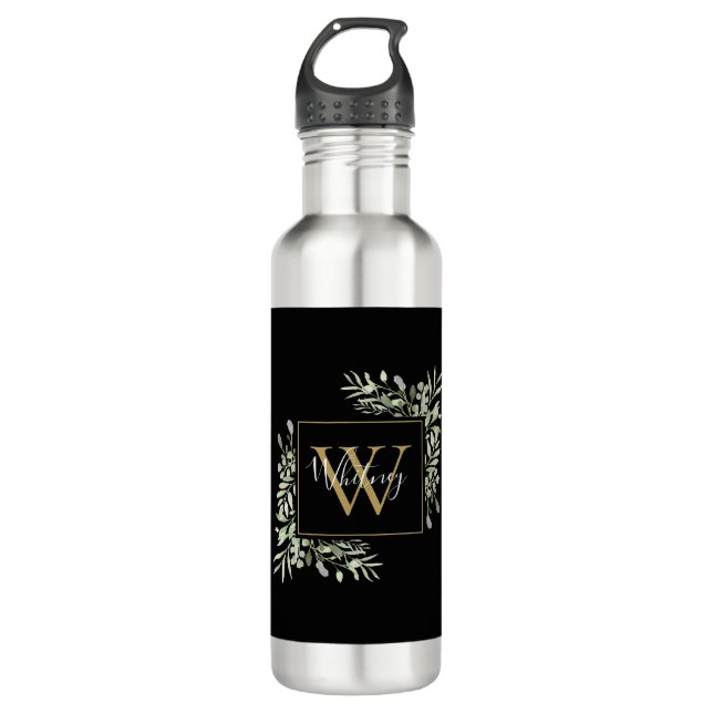 Bouteille D'eau Monogramme d'or noir personnalisé Vert Floral (Devant)