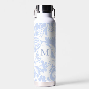 Bouteille D'eau Monogramme Élégant Botanique Floral Bleu