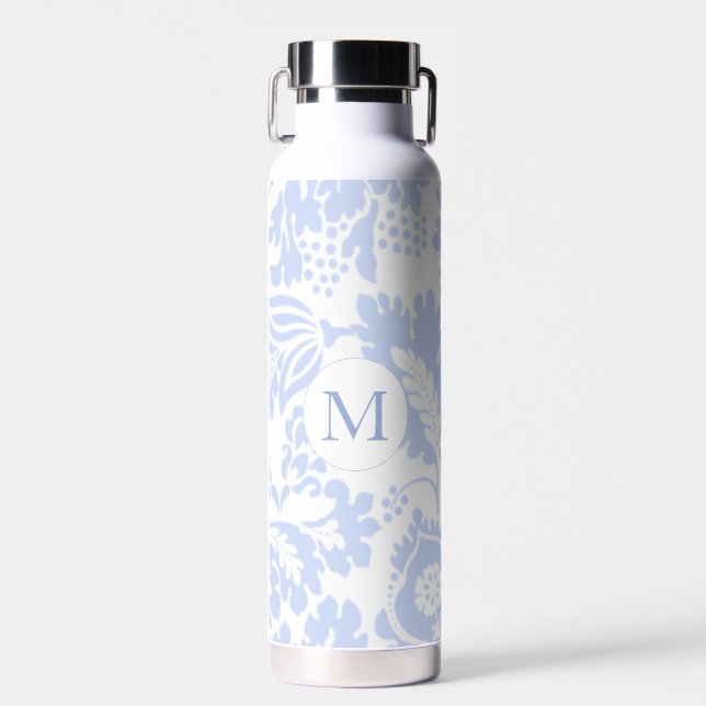 Bouteille D'eau Monogramme Élégant Floral Botanique Bleu (Avant)