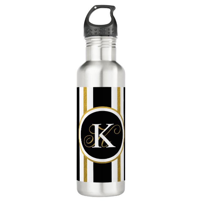 Bouteille D'eau Monogramme Elégant Noir & Or Personnalisé (Devant)