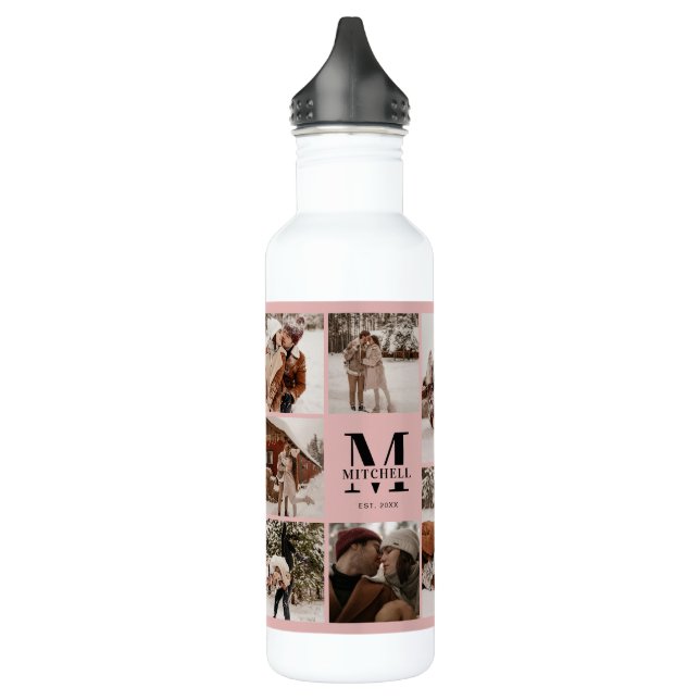 Bouteille D'eau Monogramme et collage photo personnalisés en rose  (Gauche)