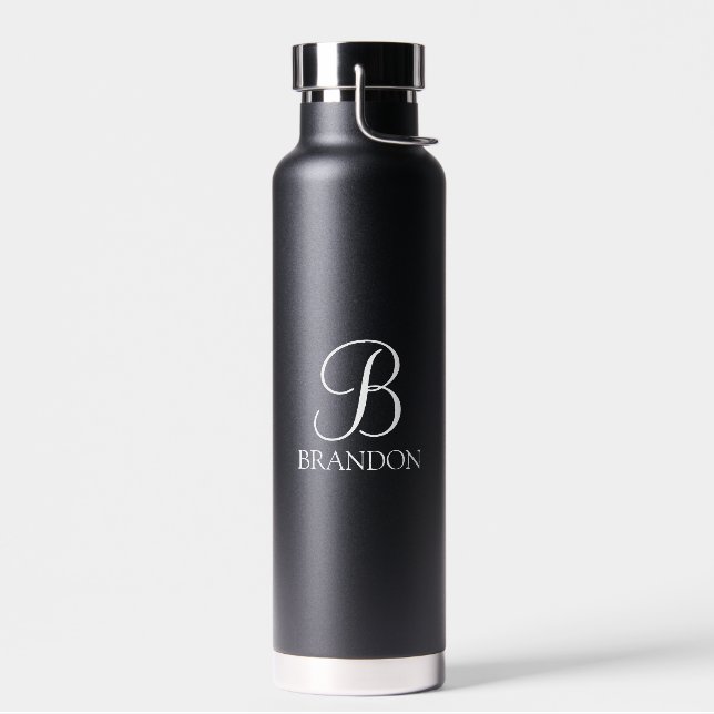 Bouteille D'eau Monogramme et nom de script personnalisé noir (Gauche)