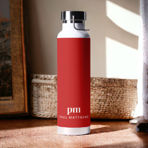 Bouteille D'eau Monogramme et nom personnalisés minimaux rouges si