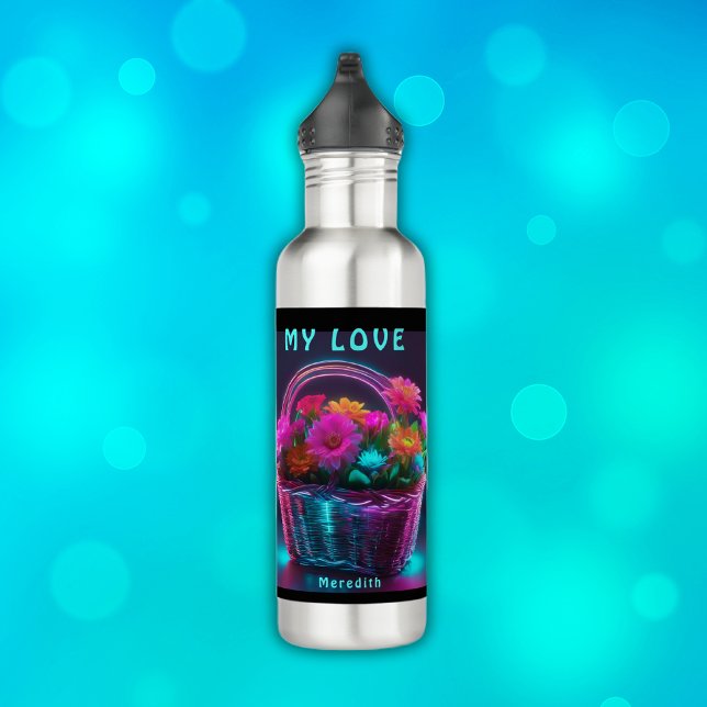 Bouteille D'eau Monogramme Fleurs de couleurs vives dans un panier (Créateur téléchargé)