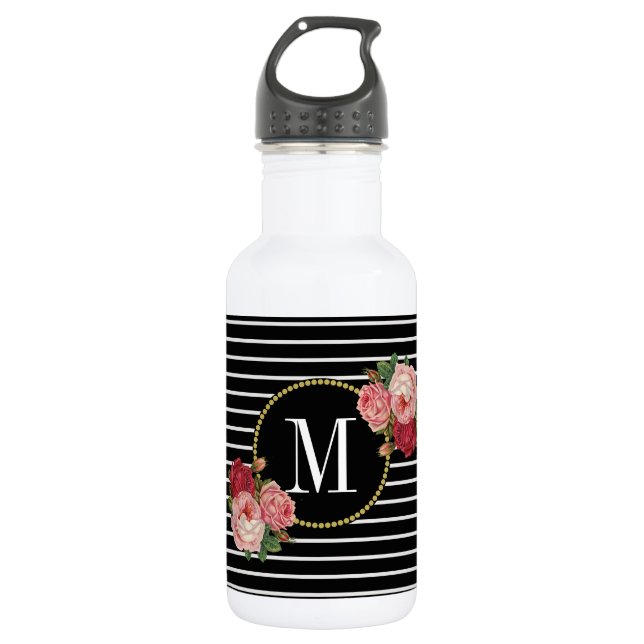 Bouteille D'eau Monogramme floral à rayures noires de filles Boho (Devant)