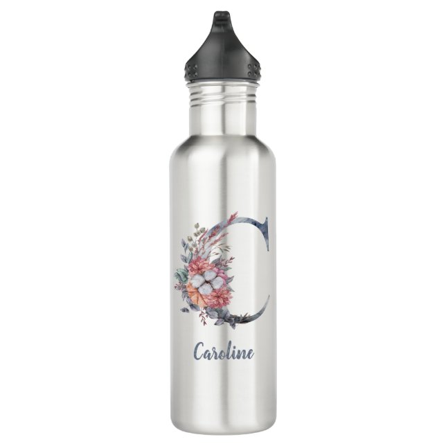 Bouteille D'eau Monogramme floral bleu personnalisé C (Droite)