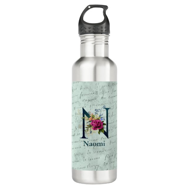 Bouteille D'eau Monogramme floral élégant initial N (Devant)