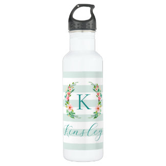Bouteille D'eau Monogramme floral paradis et rayures