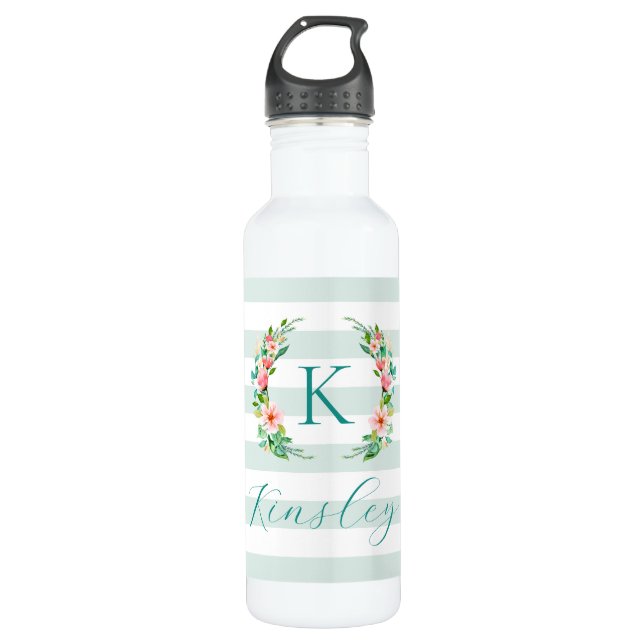 Bouteille D'eau Monogramme floral paradis et rayures (Devant)