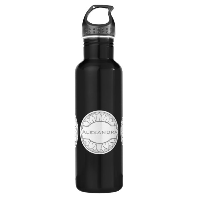 Bouteille D'eau Monogramme Gris et rose moderne Motif de médaillon (Devant)
