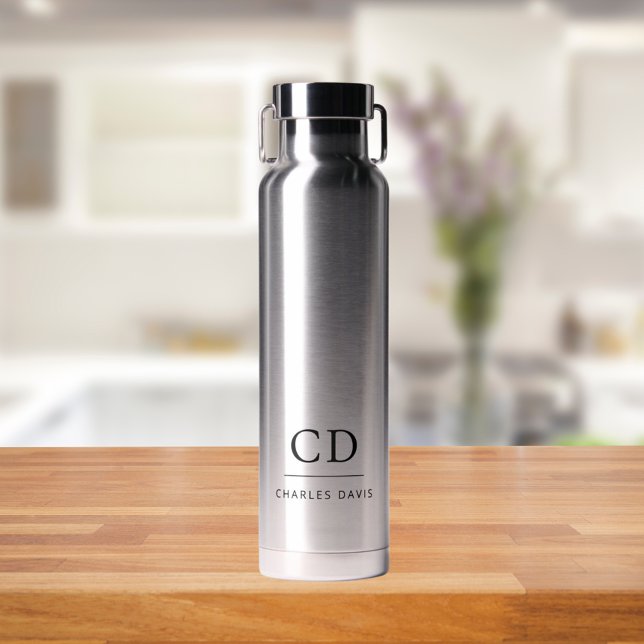 Bouteille D'eau Monogramme initiales nom lettres noires simples (Créateur téléchargé)
