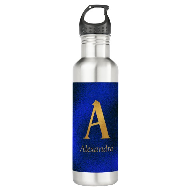 Bouteille D'eau Monogramme métallique bleu et or A (Devant)