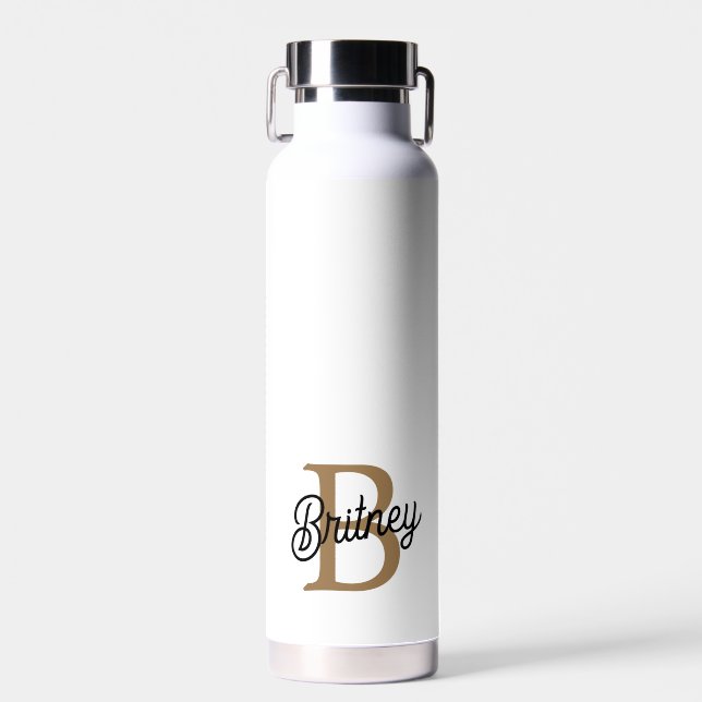 Bouteille D'eau Monogramme moderne élégant Nom Black Gold Script (Avant)