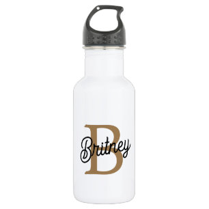 Bouteille D'eau Monogramme moderne élégant Nom Black Gold Script