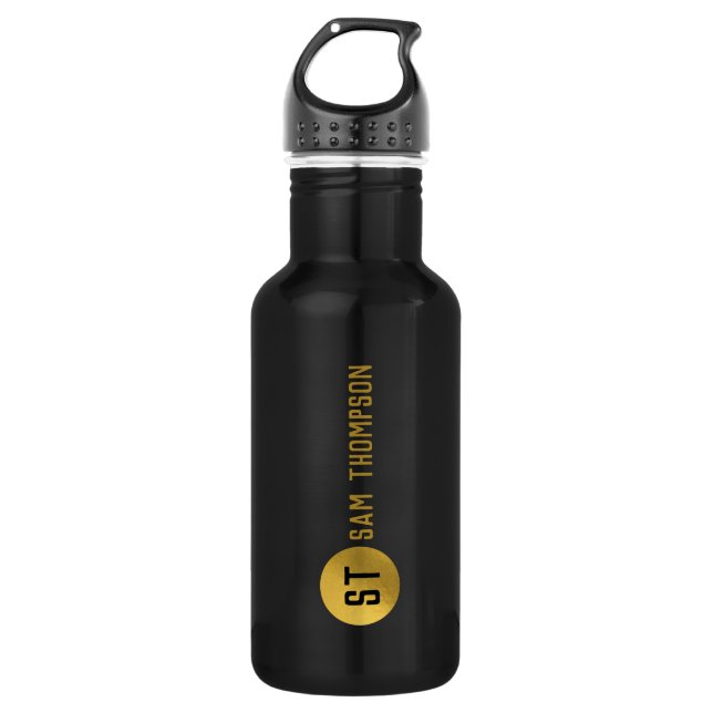 Bouteille D'eau Monogramme moderne noir & or élégant personnalisé (Devant)
