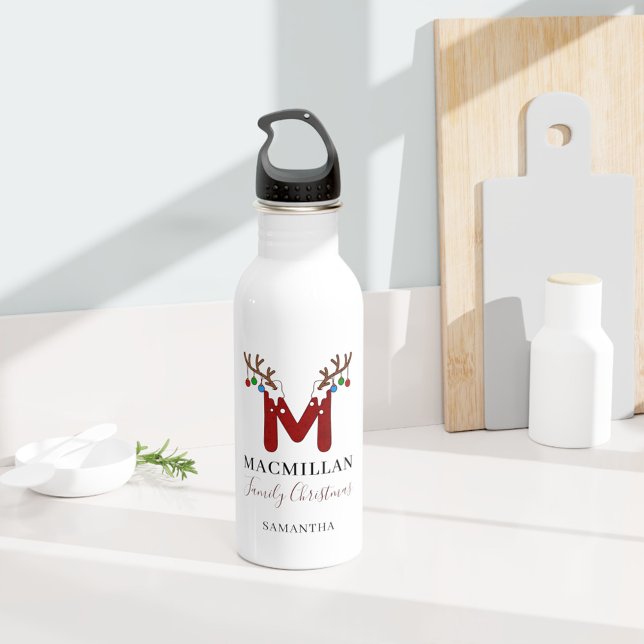 Bouteille D'eau Monogramme Noël Fêtes Nom de famille (Christmas Monogram Water Bottle)