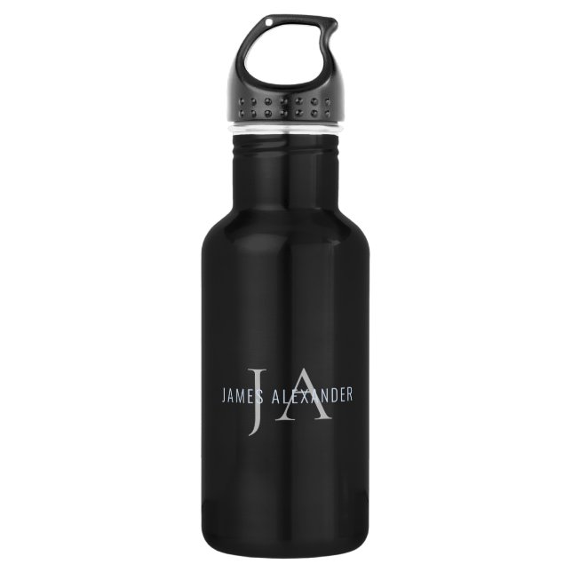 Bouteille D'eau Monogramme noir Nom personnalisé pour lui Bouteill (Devant)