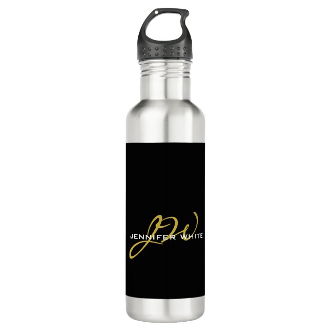 Bouteille D'eau Monogramme Noir Or Couleur Plaque Moderne Nom prop (Devant)