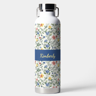 Bouteille D'eau Monogramme Nom Fleur Sauvage Aquarelle Jaune Bleu