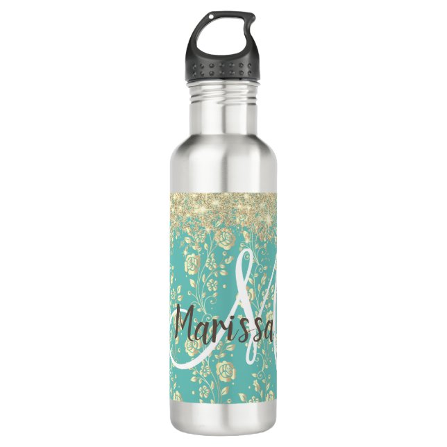 Bouteille D'eau Monogramme or Floral sur Turquoise vert (Devant)