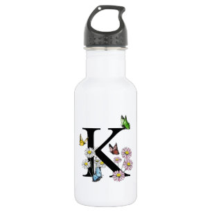 Bouteille D'eau Monogramme papillon aquarelle florale lettre K