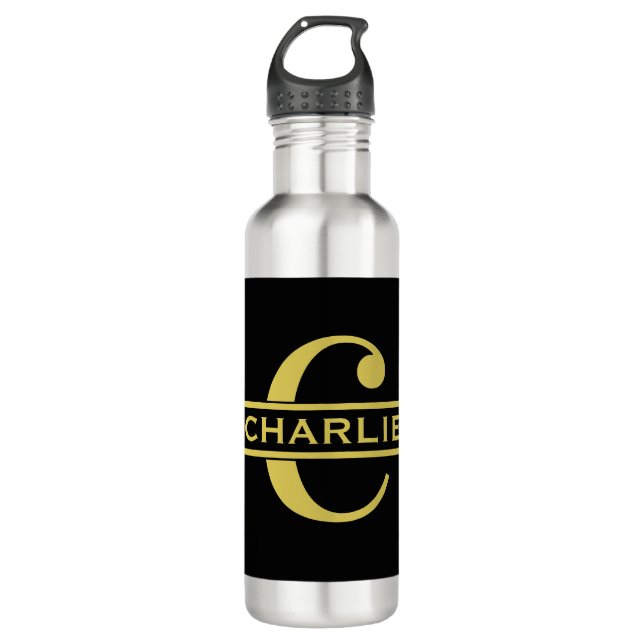 Bouteille D'eau Monogramme Personnalisé Et Nom Noir Et Or (Devant)