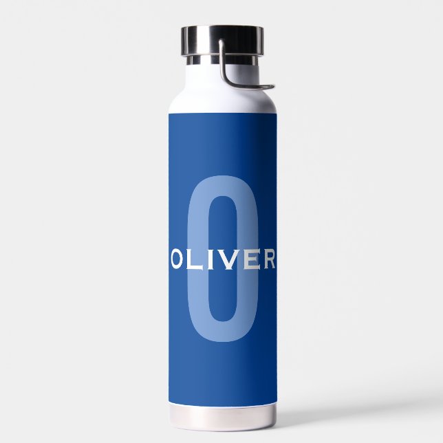 Bouteille D'eau Monogramme personnalisé Nom bleu blanc (Gauche)