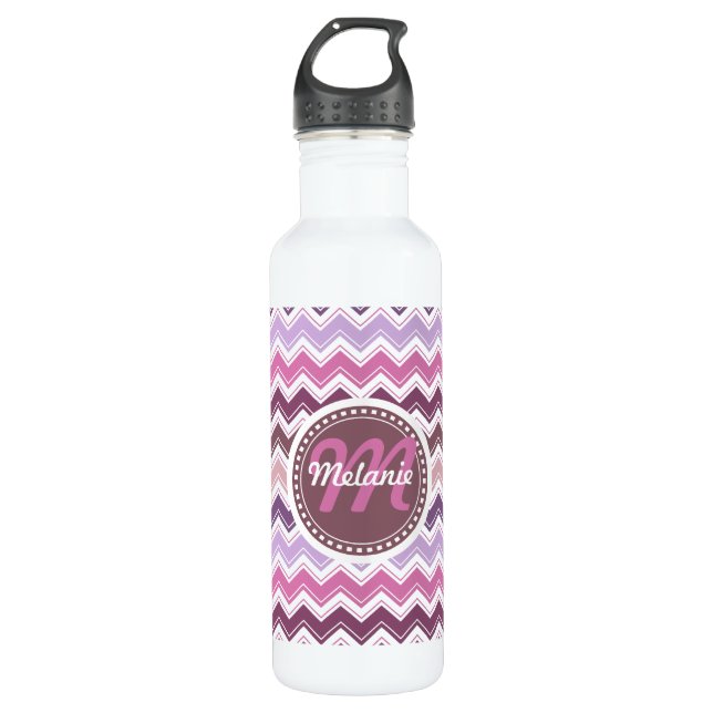 Bouteille D'eau Monogramme pourpre de zigzag de Chevron de prune (Devant)