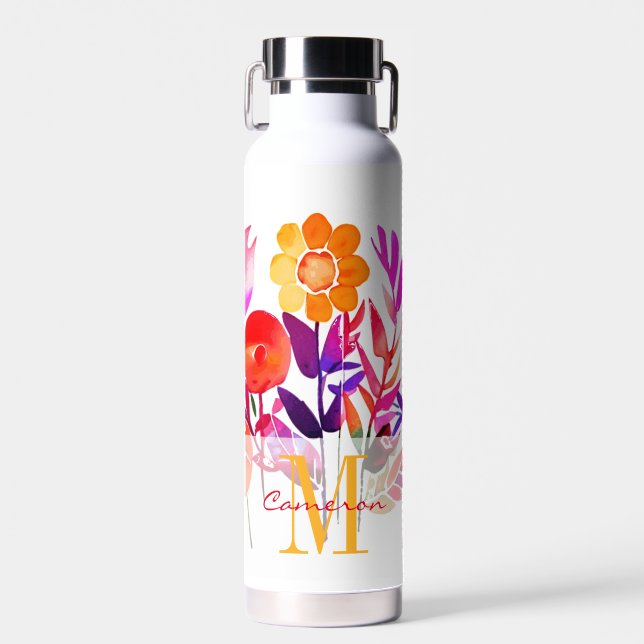 Bouteille D'eau Monogramme rose fleurs personnalisées (Avant)