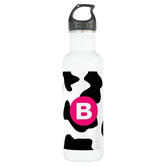 Bouteille D'eau Monogramme rose Motif de patchs de vache (Devant)