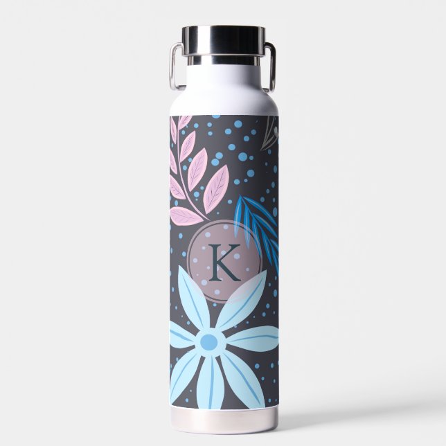 Bouteille D'eau Monogramme rose Motif moderne Big Blue Flower (Avant)
