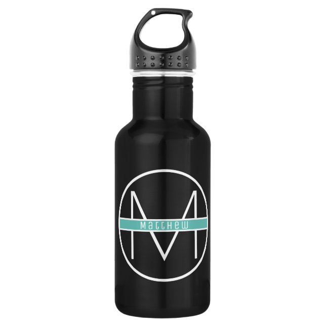 Bouteille D'eau Monogramme | Simple Elegant Noir & Bleu Nom person (Devant)