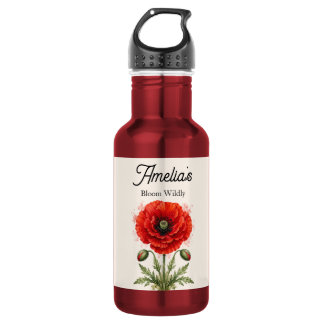 Bouteille D'eau Monogramme Symétrique Papaver Rouge Aquarelle Élég