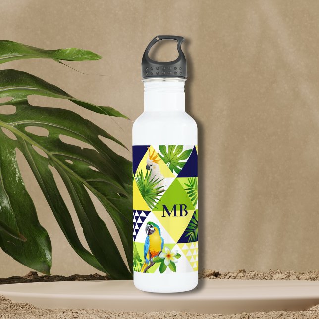 Bouteille D'eau Monogramme Trendy Cockatoo Parrot Floral (Créateur téléchargé)