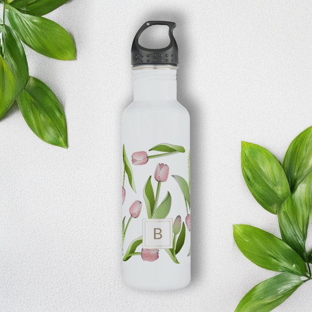Bouteille D'eau Monogramme Tulipe rose moderne (Créateur téléchargé)