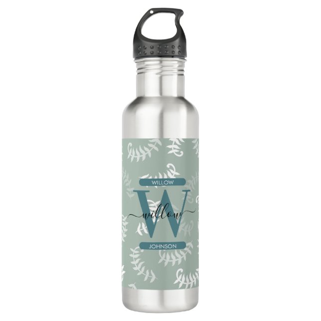 Bouteille D'eau Monogramme turquoise vert Feuille (Devant)
