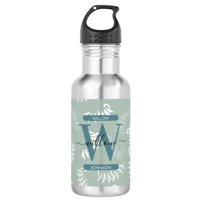 Bouteille D'eau Monogramme turquoise vert Feuille (Devant)