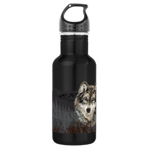 Bouteille D'eau Montagne avec aquarelle Loup Faune animale