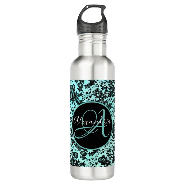 Bouteille D'eau Moody Floral noir sur Monogramme Turquoise (Devant)