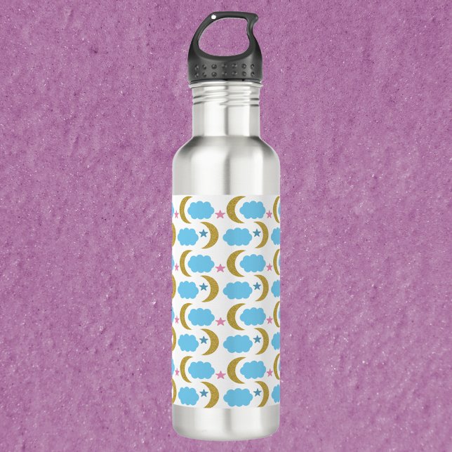 Bouteille D'eau Moon Cloud Stars Faux Gold Parties scintillant Mot (A water bottle with a pattern of gold moons, blue clouds and pink stars!)