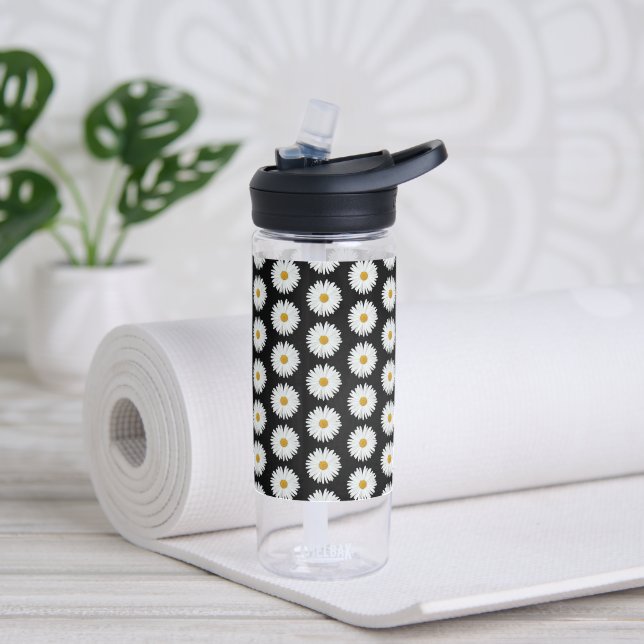 Bouteille D'eau Motif blanc Fleur marguerite sur noir (Yoga)