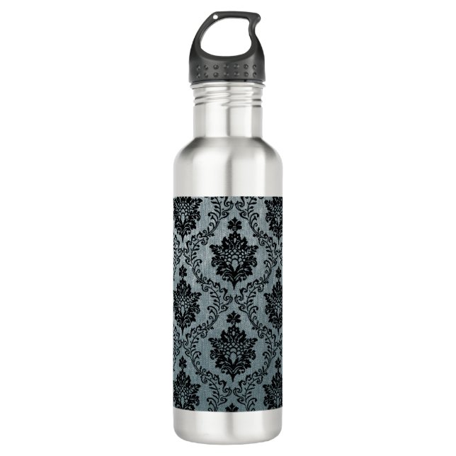 Bouteille D'eau motif damassé noir turquoise, motif Art nouveau, v (Devant)